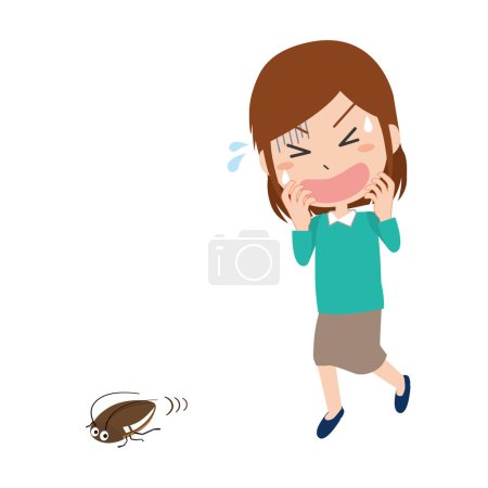 A woman surprised by a pest cockroach
