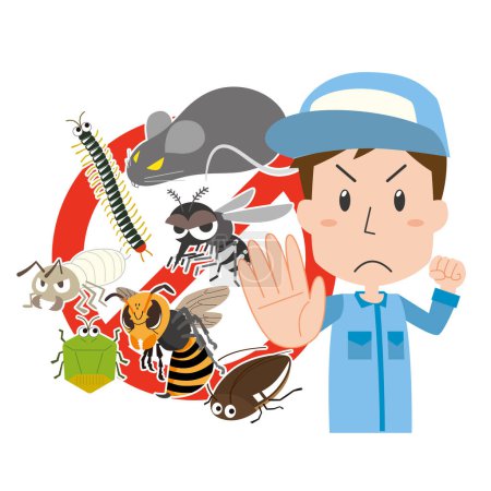 Illustration for A man from an exterminator who puts his hand forward and stops - Royalty Free Image