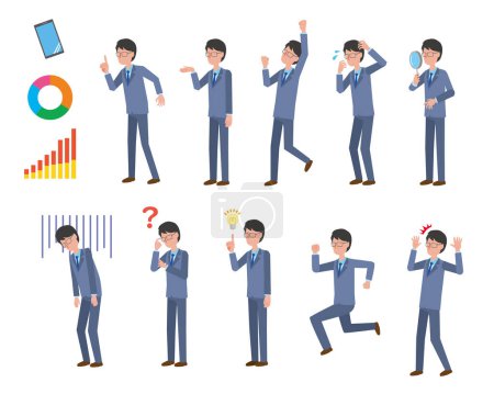 Flat design image illustration set of a male office worker wearing a suit of various poses