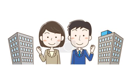 Company building and motivated office workers men and women