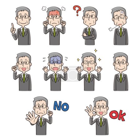 Elderly man in a suit with various facial expressions and poses
