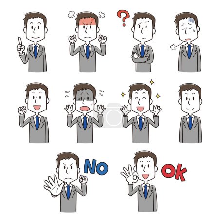 Male office worker in suit pose facial expression illustration set