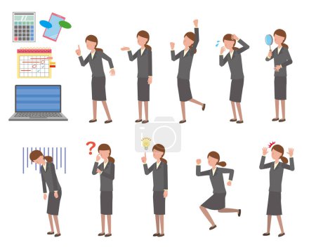 Pose illustration set of an office worker woman in a suit with a simple flat design