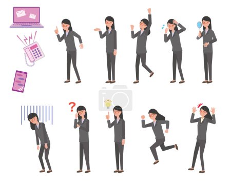 Pose illustration set of an office worker woman in a suit with a simple flat design