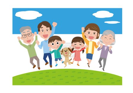 Illustration for Jump outdoors with the whole family of 3 generations - Royalty Free Image