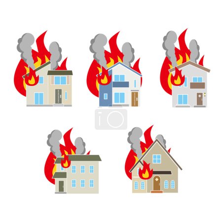 Set illustration of a house in a fire