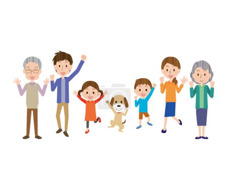 Three generation family and pet illustration