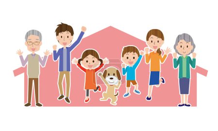 Téléchargez les illustrations : Illustration d'une maison avec trois générations de famille et d'animaux domestiques - en licence libre de droit