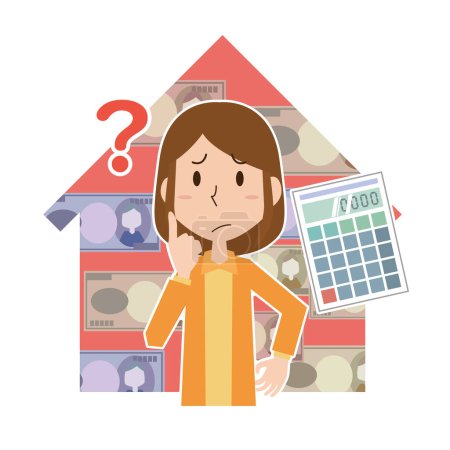Illustration for Woman thinking about house and money - Royalty Free Image