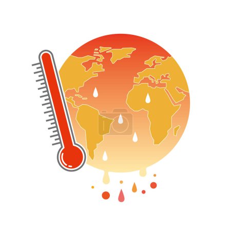 Ein Thermometer und eine wärmende Illustration, die sich eine verschwitzte Erde vorstellt