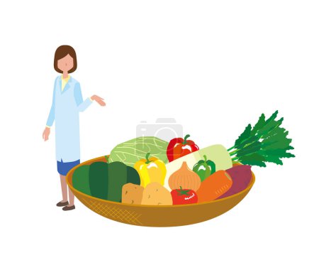 Una nutricionista femenina explicando las verduras en la canasta