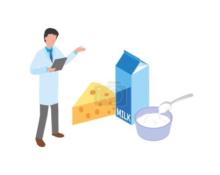 Un nutricionista en una bata de laboratorio explicando los productos lácteos