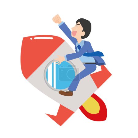 Image illustration of a man climbing on a rocket