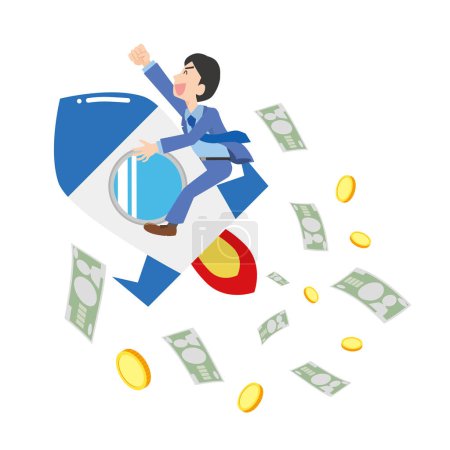 Image of making money with a man rising on a rocket