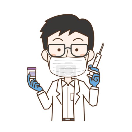 Illustration eines männlichen Arztes mit Impfstoff und Spritze