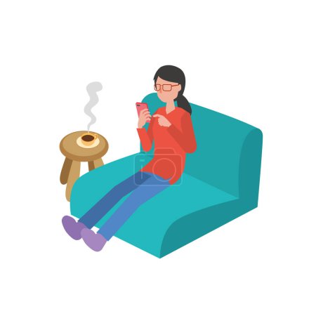 Illustration isométrique d'une femme assise sur le canapé à la maison et se relaxant avec un verre