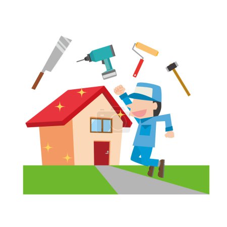 Illustration of a male worker who is pleased to renovate his house