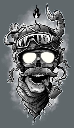 Photo for Detailed graphic hand drawn realistic angry human skull in army helmet with glasses and tobacco pipe. Icon isolated on gray background. Tattoo outline. - Royalty Free Image