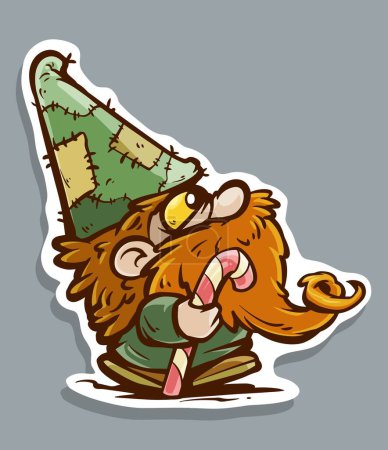 Illustration for Cartoon cute funny old gnome with red beard in cap walking with candy. Vector icon sticker on gray background. - Royalty Free Image