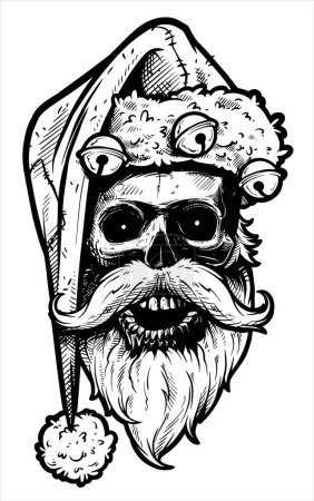 Ilustración de Grafico dibujado a mano realista negro y blanco enojado cráneo de Santa Claus. Esquema de tatuaje vectorial. - Imagen libre de derechos