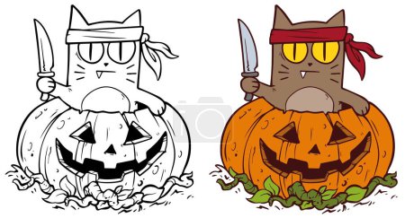 Téléchargez les illustrations : Dessin animé drôle chat Halloween dans la citrouille effrayante avec couteau. Carte postale vectorielle dessinée à la main pour la coloration. - en licence libre de droit