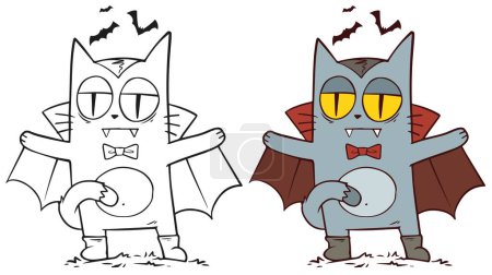 Ilustración de Dibujos animados divertido gato vampiro de Halloween en capa con bate. Tarjeta postal vectorial dibujada a mano para colorear. - Imagen libre de derechos