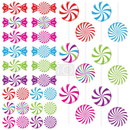 Illustration for Swirled candy peppermints as hard candies, lollipops, and wrapped candies in red, pink, green, blue, purple, and rainbow colors - Royalty Free Image