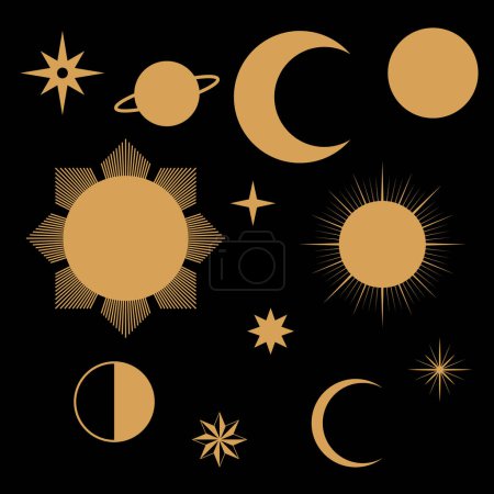 Vektorillustration von Sternen, Sonnen, Monden und Planeten im marokkanischen Stil
