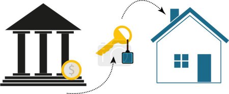 Photo for Bank, Key, and House Vector: Mortgage & Home Buying Illustration! This vector artwork showcases a bank, key, and house, representing the journey of mortgage financing and home ownership. Ideal for real estate, mortgages, banking, loans, property. - Royalty Free Image
