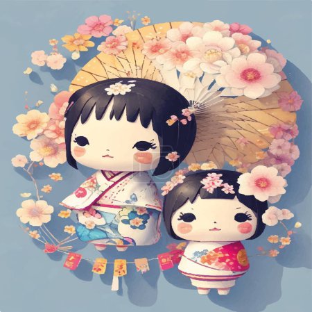 Illustration for Kokeshi doll vector drawing: Graceful and delicate, perfect for cultural projects, crafts, and charming illustrations. High-quality vector file available. - Royalty Free Image