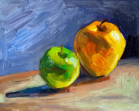 Photo for Oil painting apples in still life on blue background - Royalty Free Image