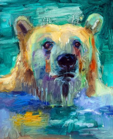 Foto de Pintura al óleo tradicional de un oso polar en el agua en busca de comida - Imagen libre de derechos