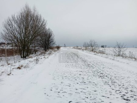 Photo for Landscape of a snowy country stone road in winter. The stone road is made of river stone. - Royalty Free Image