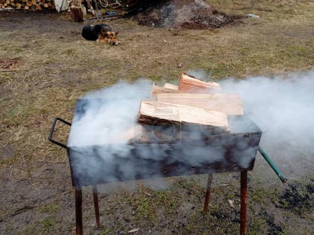 Thick smoke rises from burning wood on a barbecue for outdoor cooking. Metal barbecue on the street on the background of green grass.