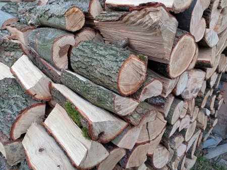 Firewood is harvested and chopped into smaller pieces and stacked. Storage of firewood. The texture of oak firewood chopped and prepared for the winter heating period.