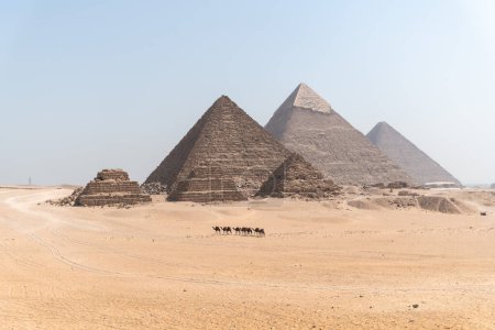 Foto de Pirámides de Guiza con camellos a gran distancia - Imagen libre de derechos