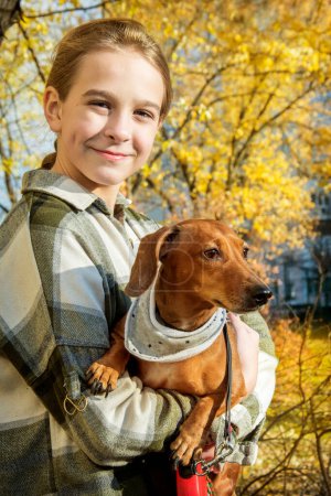 Photo for In the autumn park, a girl holds a dachshund dog in her arms. - Royalty Free Image