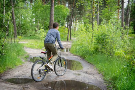Téléchargez les photos : En été, dans une forêt de pins, un petit garçon traverse une flaque d'eau à vélo, vaporise dans différentes directions
. - en image libre de droit