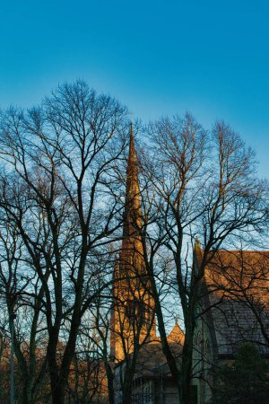 Téléchargez les photos : Silhouette d'arbres nus contre un ciel crépusculaire avec une flèche d'église gothique en arrière-plan à Lancaster. - en image libre de droit
