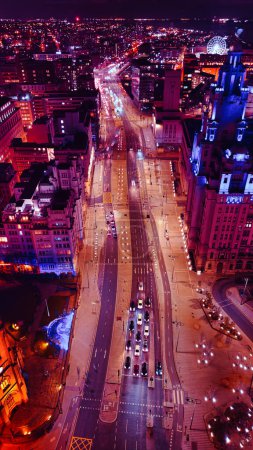 Photo for Aerial night view of a bustling city street with vibrant lights and traffic in Liverpool, UK. - Royalty Free Image