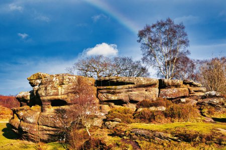 Foto de Vista panorámica de un afloramiento rocoso con un árbol solitario contra un cielo azul con un débil arco iris en el campo en Brimham Rocks, en Yorkshire del Norte - Imagen libre de derechos