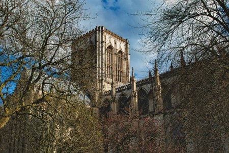 Majestuosa catedral medieval con arquitectura gótica, imponente en medio de árboles sin hojas bajo un cielo azul con nubes esponjosas, ideal para temas históricos o de viaje en York, Yorkshire del Norte, Inglaterra.
