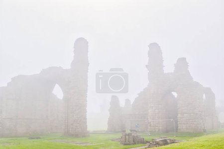 Ruins of an ancient stone structure shrouded in dense fog, with green grass in the foreground.