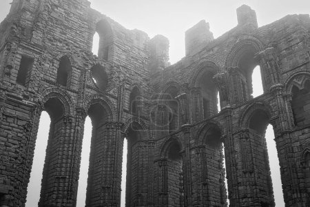 Eine Schwarz-Weiß-Fotografie alter Steinruinen mit hohen Bogenfenstern und aufwändigem Mauerwerk. Die Struktur scheint Teil einer alten Kathedrale oder Abtei zu sein, wobei eine neblige oder neblige Atmosphäre das historische und geheimnisvolle Ambiente noch verstärkt..