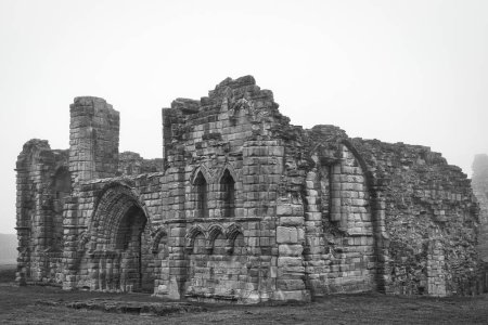 A black and white photograph of an ancient stone ruin with arched windows and doorways, surrounded by fog.