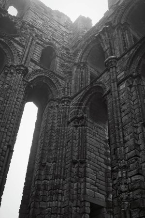 A black and white photograph of ancient stone ruins with tall arches and intricate brickwork. The image captures the grandeur and historical significance of the structure.