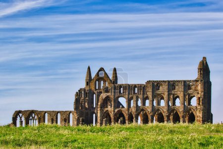 Ruins of an ancient abbey with arched windows and walls, set against a blue sky with wispy clouds, surrounded by green grass.