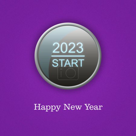 Knopf Start 2023, auf violettem Hintergrund. Unternehmen. Hintergrund Feiertage