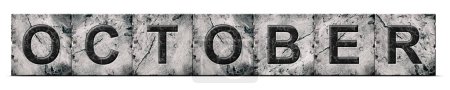 Foto de October, word on an alphabet on stone blocks, isolated on white background. Month of the year concept. Background. - Imagen libre de derechos