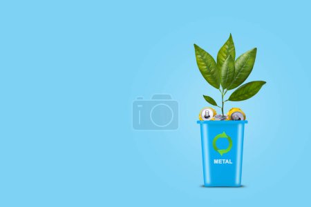Photo for Blue trash can. With a recycling icon, empty beers cans, and sprout with green leaves, on blue background. Copy space. Metal recycling. Garbage recycling. Recycling. - Royalty Free Image